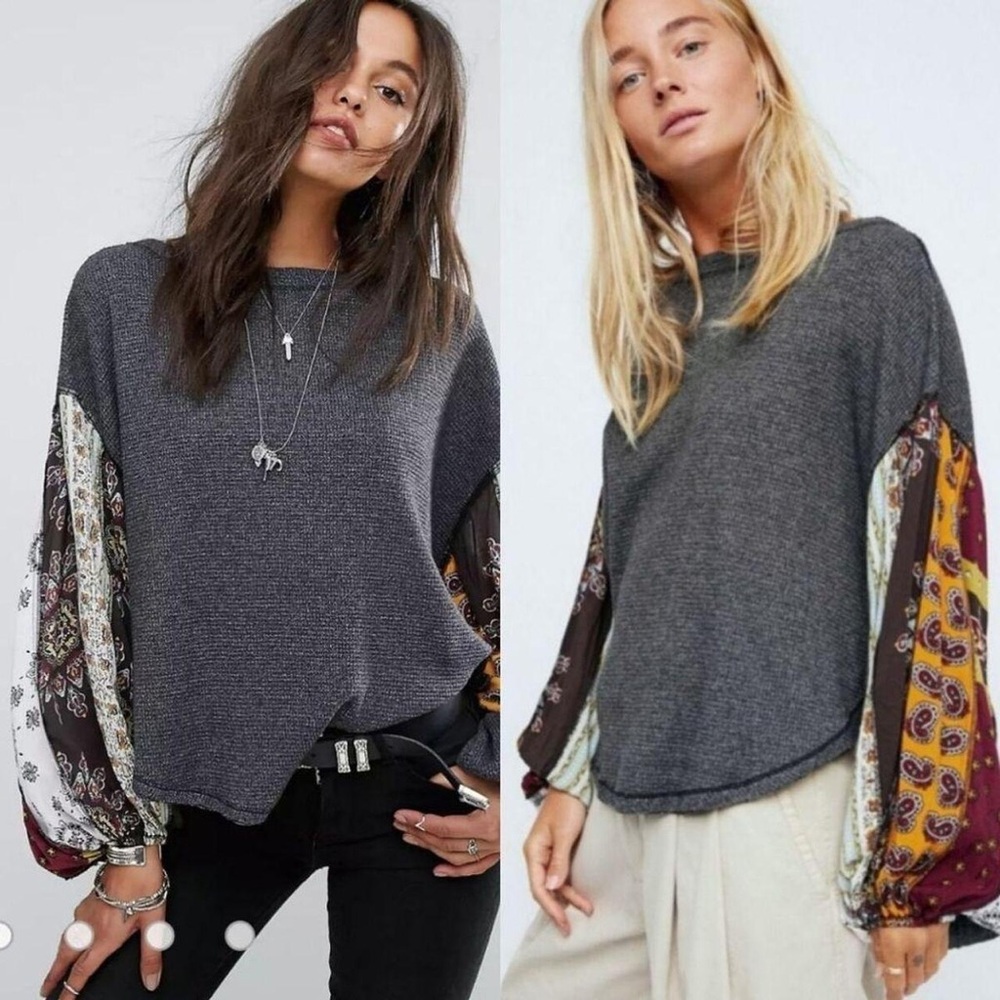 Free People puffy sleeve waffle knit shirt sz S